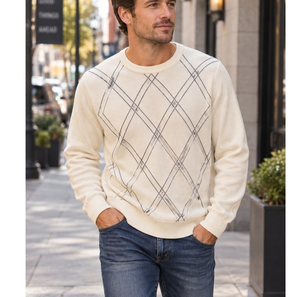 Geoffrey Beene Sweater Mens XL Cream Excellent Argyle Diamond Knit Crewneck